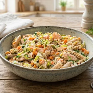 Pasta met zalm, prei en wortelen