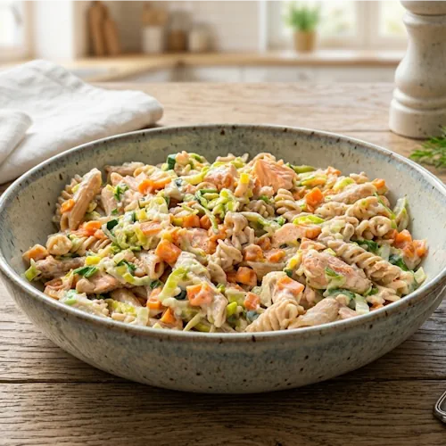 Romige pasta met zalm, prei en wortel